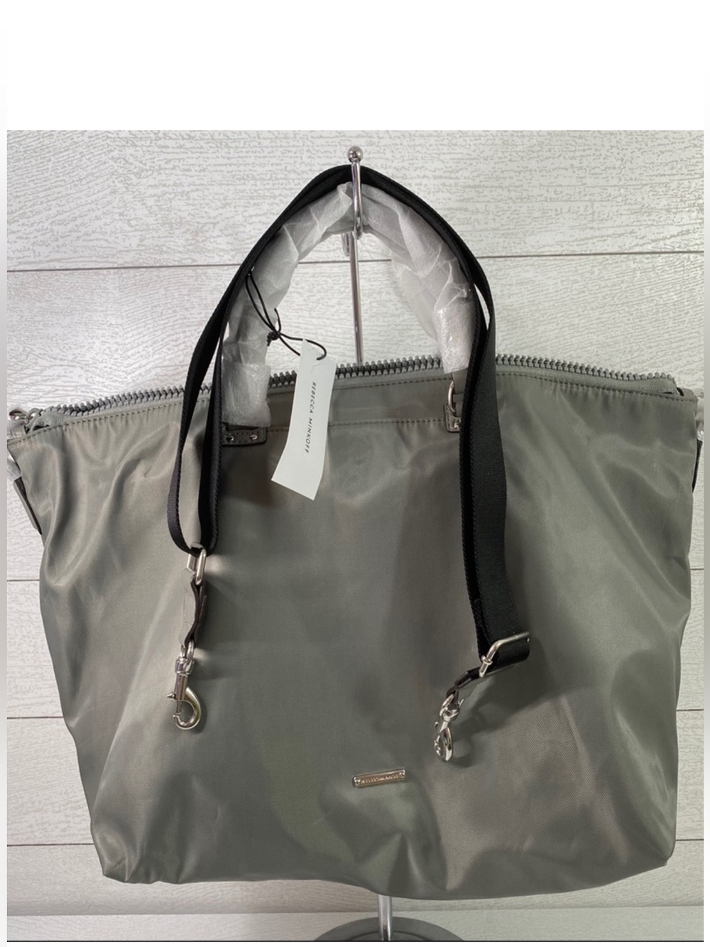 Rebecca Minkoff Mott Nylon Tote Bag Double Handle Crossbody strap Pearl Grey